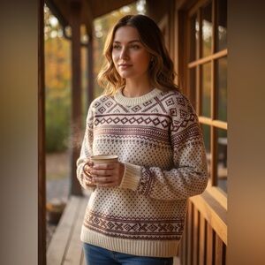 Alps Rugged Outdoors Cream Vintage 100% Pure Wool Nordic Fair Isle Sweater Sz M